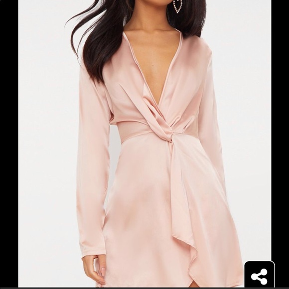 nude satin long sleeve wrap dress